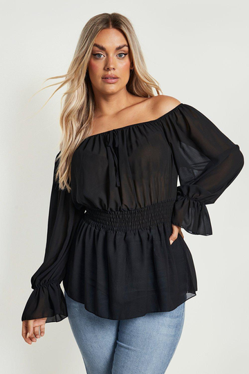 Plus - Off Shoulder-Topp I Chiffong, Black