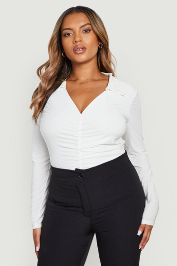 Plus Body I Återvunnet Tyg Med Rynkade Detaljer, White