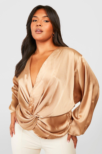 Plus Satinblus Med Tvinnad Detalj, Beige
