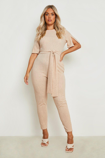 Plus - Prickig Jumpsuit Med Holkärm, Beige