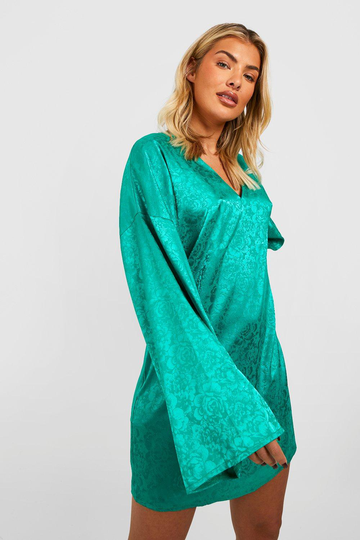 Satinklänning Med Vid Ärm, Green