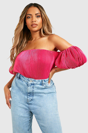 Plus Plisserad Body I Satin Med Puffärm, Pink