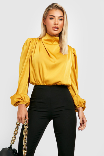 Premium Body I Satin Med Ballongärm Och Hög Hals, Yellow