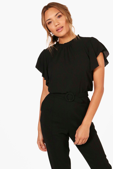 Vävd Blus Med Volangärm Och Volangkrage, Black