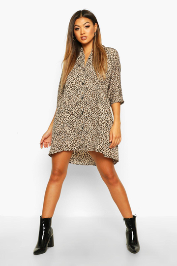 Leopardmönstrad Smockklänning Med Trekvartsärm Och Knappar, Beige