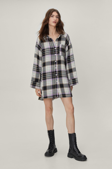 Rutig Oversized Kort Skjortklänning, Purple