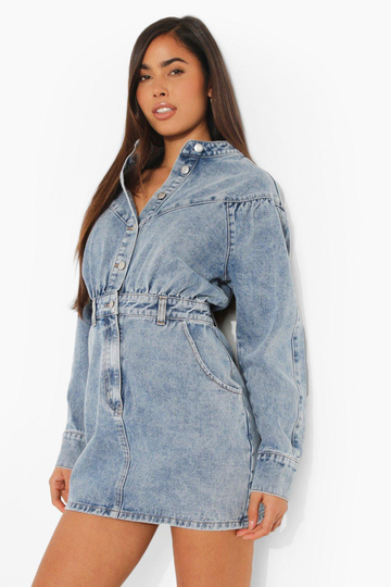 Långärmad Jeansklänning Med Knappar, Blue