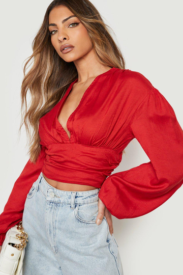 Crop Top I Linnetyg Med Veckad Midja Och Volymärm, Red