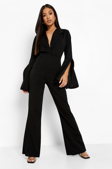 Petite - Jumpsuit Med Omlott Och Utsvängda Ben, Black