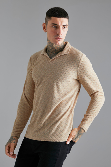 V-Ringad Långärmad Piké I Frotté, Beige