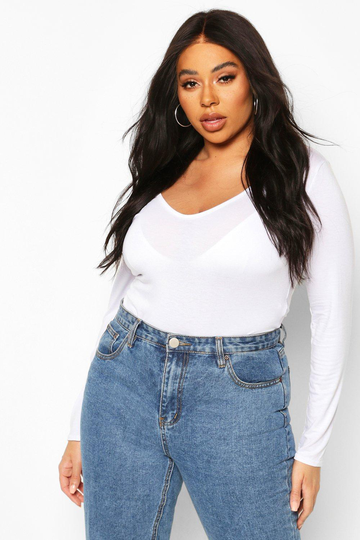 Plus - Basic Långärmad Body Med V-Ringning, White