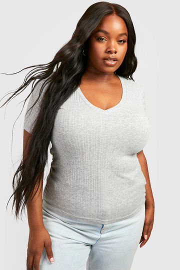 Plus - Ribbad T-Shirt, Grey