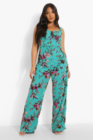 Plus - Blommig Jumpsuit Med Korsettdetaljer Och Vida Ben, Blue