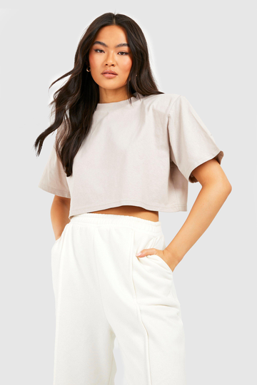 Kort T-Shirt Med Axelvaddar, Beige