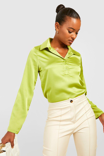 Tall - Satinskjorta Med Ledig Passform Och Knappar, Green