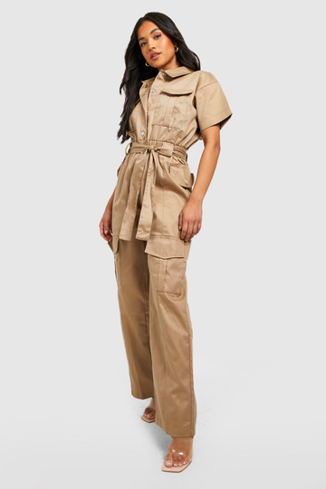 Petite - Jumpsuit Med Vida Ben Och Cargofickor, Beige