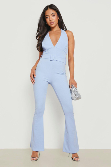 Petite - Jumpsuit Med Halterneck Och Utsvängda Ben, Blue