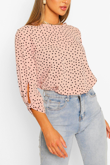 Prickig Blus Med Knytdetaljer Vid Ärmsluten, Beige