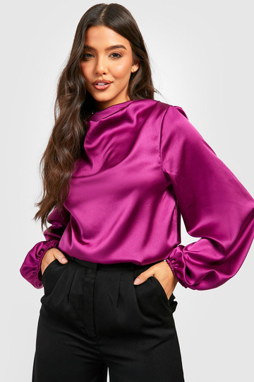 Draperad Blus I Satin Med Volymärm, Pink