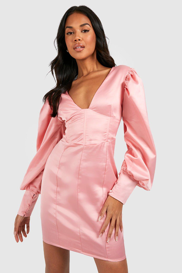 Fodralklänning I Satin Med Volymärm, Pink