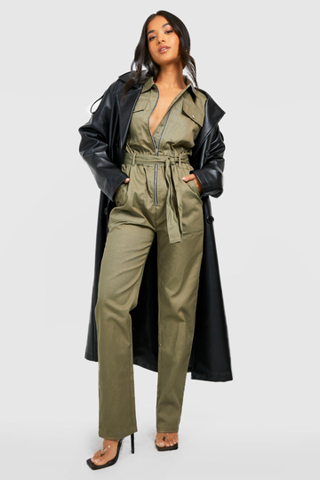 Petite - Jumpsuit Med Cargofickor Och Dragkedja, Green