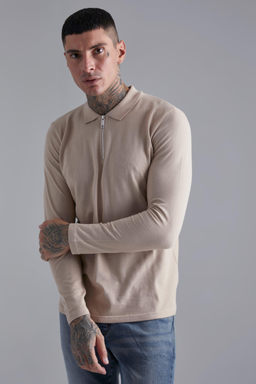 Långärmad Pikétröja, Beige