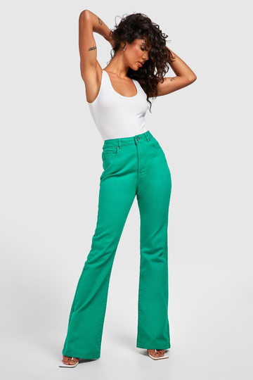 Jeans Med Hög Midja Och Utsvängda Ben, Green