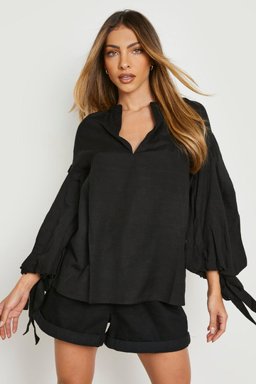 Linneblus Med Knytdetalj Och Volymärm, Black
