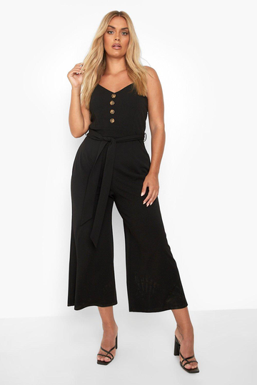 Plus - Jumpsuit Med Knytskärp, Knappar Och Vida Ben, Black