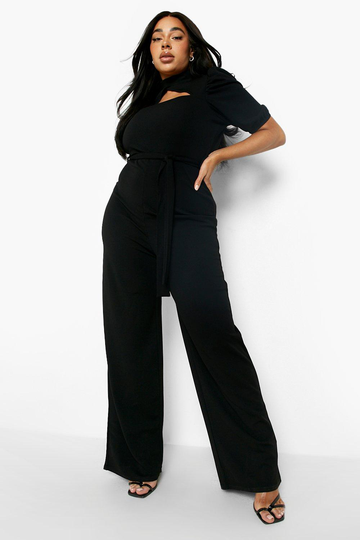Plus - Jumpsuit Med Chokerkrage, Cut-Outs Och Puffärm, Black