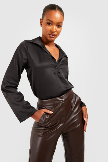 Tall - Satinskjorta Med Ledig Passform Och Knappar, Black