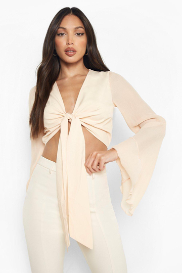 Tall - Plisserad Blus Med Knytdetalj, Beige