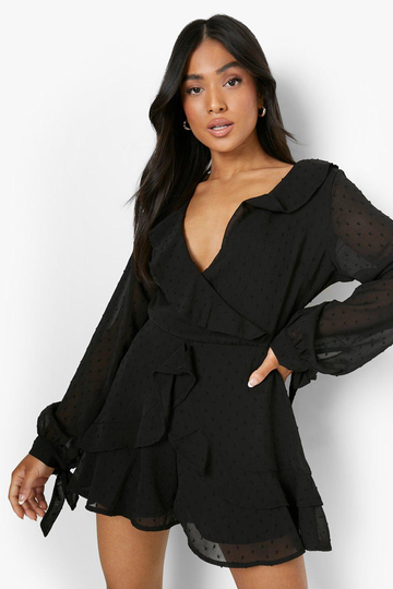 Petite Prickig Romper Med Volanger, Black