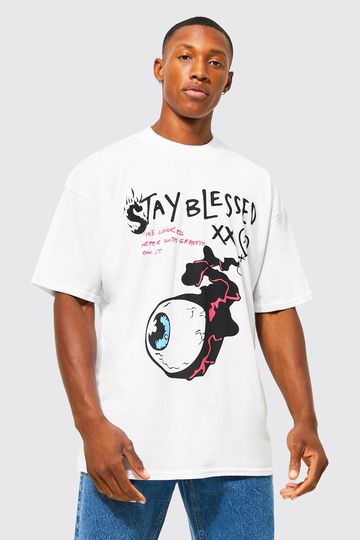 Stay Blessed T-Shirt Med Hög Halsmudd, White