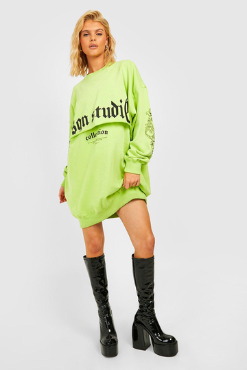 Stentvättad Oversized Sweatshirtklänning, Green