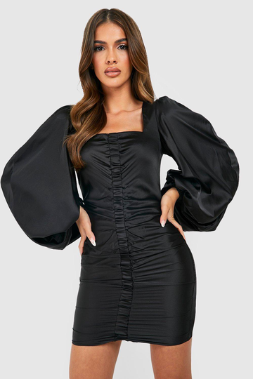 Kort Satinklänning Med Blusärm, Black