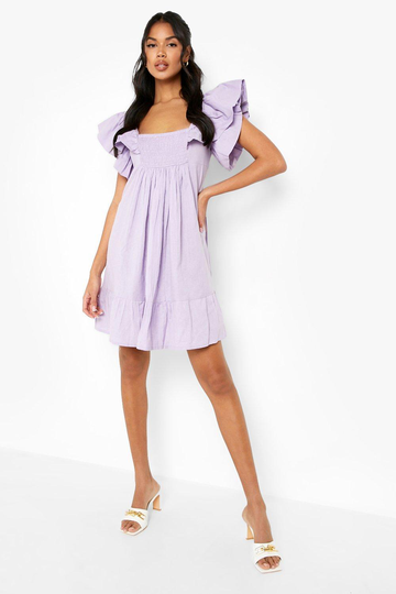 Volangklänning I Linnetyg Med Smock, Purple