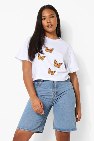 Plus - Kort T-Shirt Med Brodyr, White