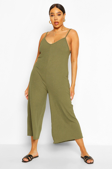 Plus - Ribbad Jumpsuit Med V-Ringning Och Vida Ben, Green