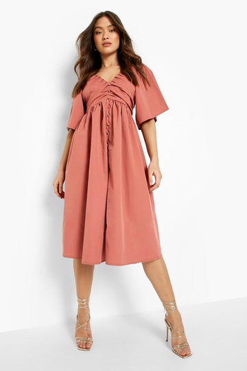 Midiklänning I Poplin Med Knappar, Pink