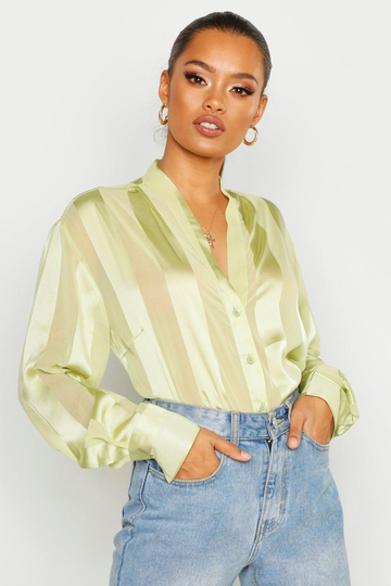 Randig Satinblus Med Knappar, Green