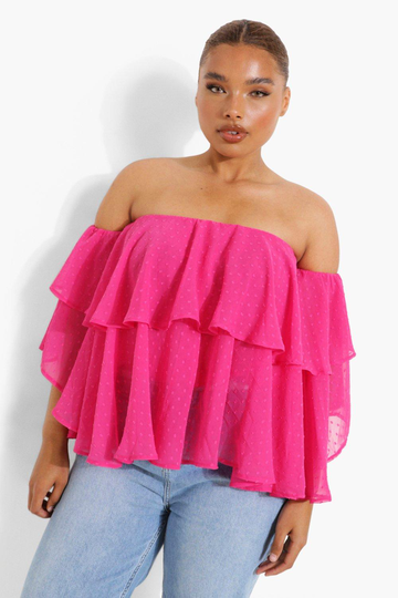 Plus - Off Shoulder-Topp I Prickig Mesh