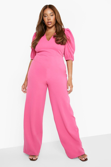 Plus - Jumpsuit Med Puffärm Och Vida Ben, Pink