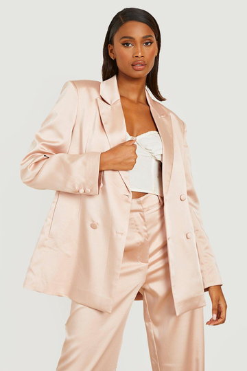 Premium Dubbelknäppt Kavaj I Satin, Beige