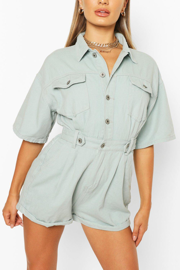 Romper I Denim Med Detalj I Midjan, Green
