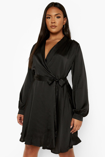 Plus - Skaterklänning I Satin Med Omlott, Black