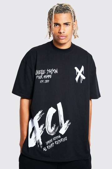 Tall - Oversized T-Shirt Med Tryck Och Hög Halsmudd, Black