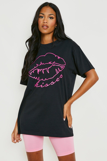Tall - T-Shirt Med Slogan Och Neonfärgat Läppmotiv, Black