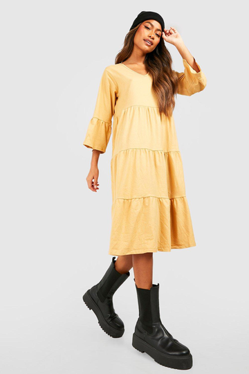Midiklänning Med Utsvängd Ärm, Beige