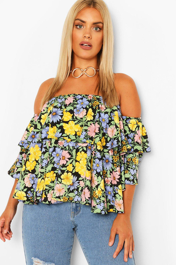 Plus - Blommig Off Shoulder-Topp Med Volanger, Black